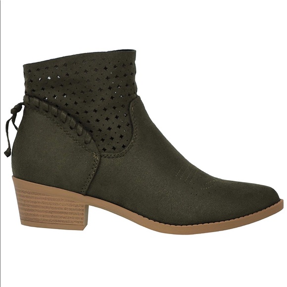 Military Olive Low Block Heel Western Ankle Boots - Picture 4 of 5